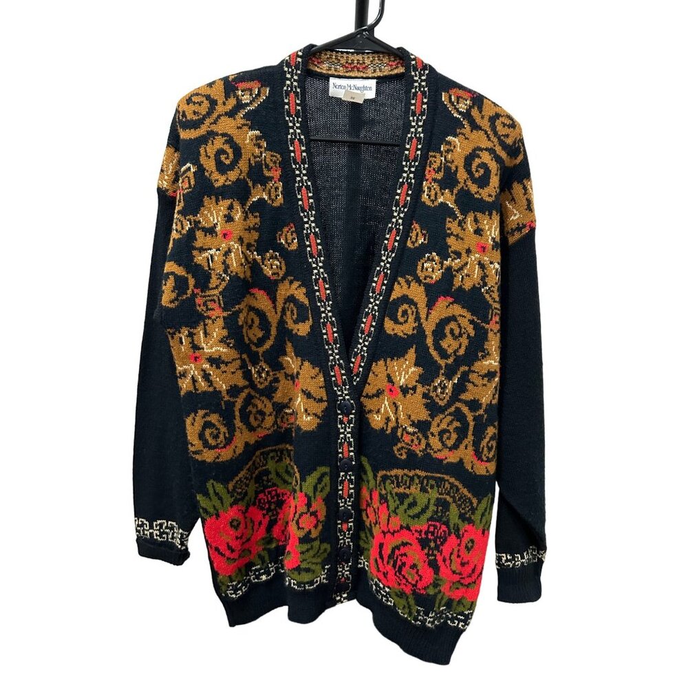 Vintage Norton McNaughton Floral Pattern Knit Cardigan Sweater SZ Medium